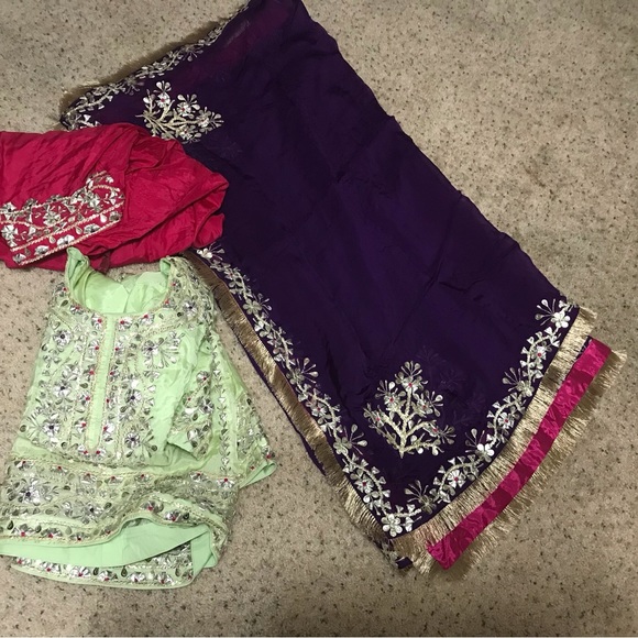 Pista color kameez pink salwar purple four sides full duppata - Picture 2 of 9